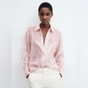 Mango Pastel Pink Elegant Sequin Shirt